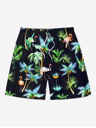 Plus Size Coconut Tree Flamingo Print Hawaii Drawstring Beach Shorts For Men -  