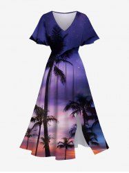 Plus Size Coconut Tree Ombre Galaxy Dusk Print Hawaii Split Pocket A Line Midi Dress -  