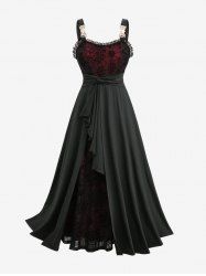 Plus Size Spider Web Flocking Mesh Lace Trim Asymmetrical Ruffles Hem Tank Dress -  
