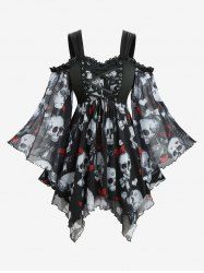 Plus Size Skull Bowknot Heart Printed Mesh Lace Up Flare Sleeve Handkerchief Top -  