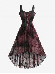 Robe débardeur gothique grande taille à lacets, motif fleur de prune, volants floqués, bordure en dentelle, taille haute et basse - Rouge foncé 4X | US 26-28