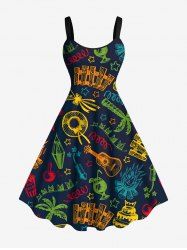 Robe débardeur hawaïenne grande taille à imprimé cocotier, feu, flamme, gâteau, guitare - Noir S
