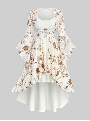 Plus Size Flowers Print Lace Ruched Buckle Lace-up Flare Sleeves High Low Dress -  
