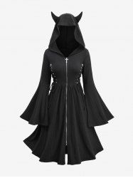 Manteau uni à capuche diable, manches évasées, fermeture éclair croisée, tricot torsadé, lacets, grande taille - Noir 1X | US 14-16