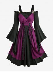 Plus Size Flare Sleeve Lace-up Lace Trim Two Tone Layered Vintage A Line Dress -  