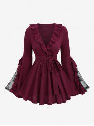 Floral Lace Patchwork Flare Sleeve Ruffles Top with Removable Belt -  