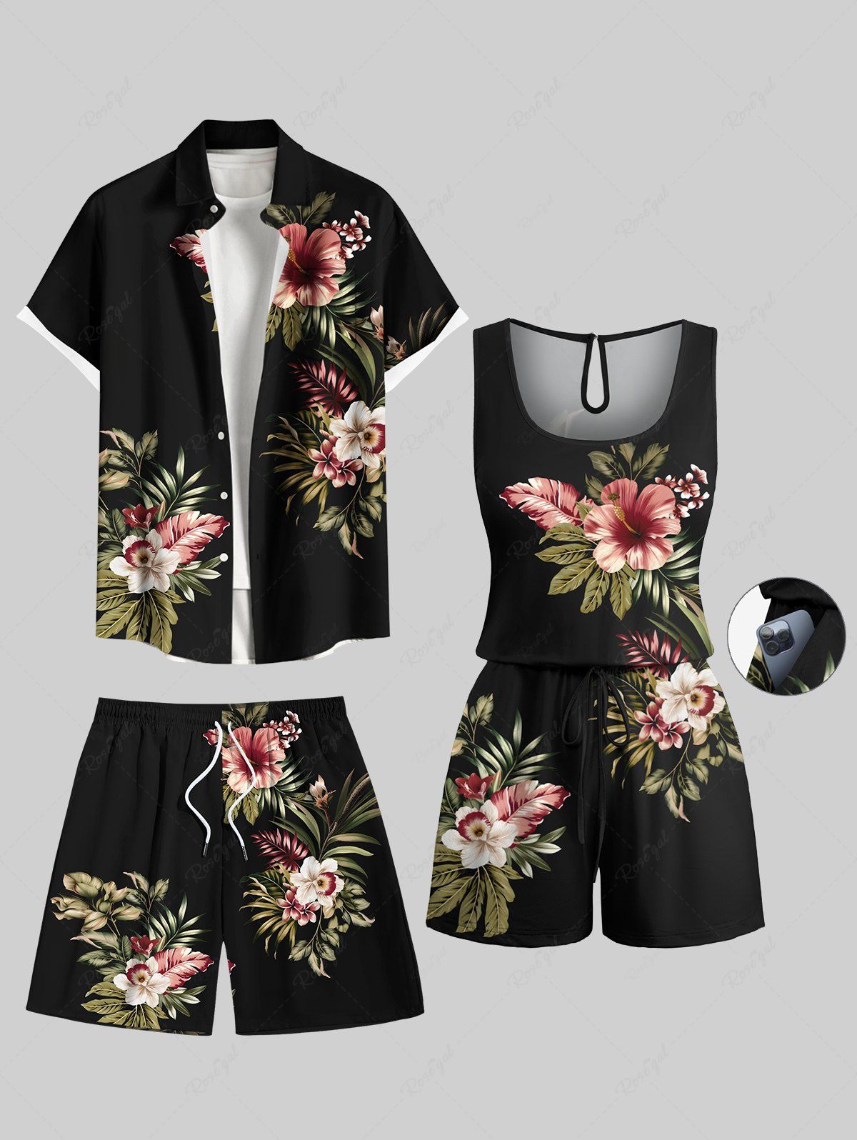 Ensemble chemise et barboteuse hawaïennes assorties, grande taille, tenue de plage, imprimé feuilles tropicales et hibiscus, pour couples Noir 