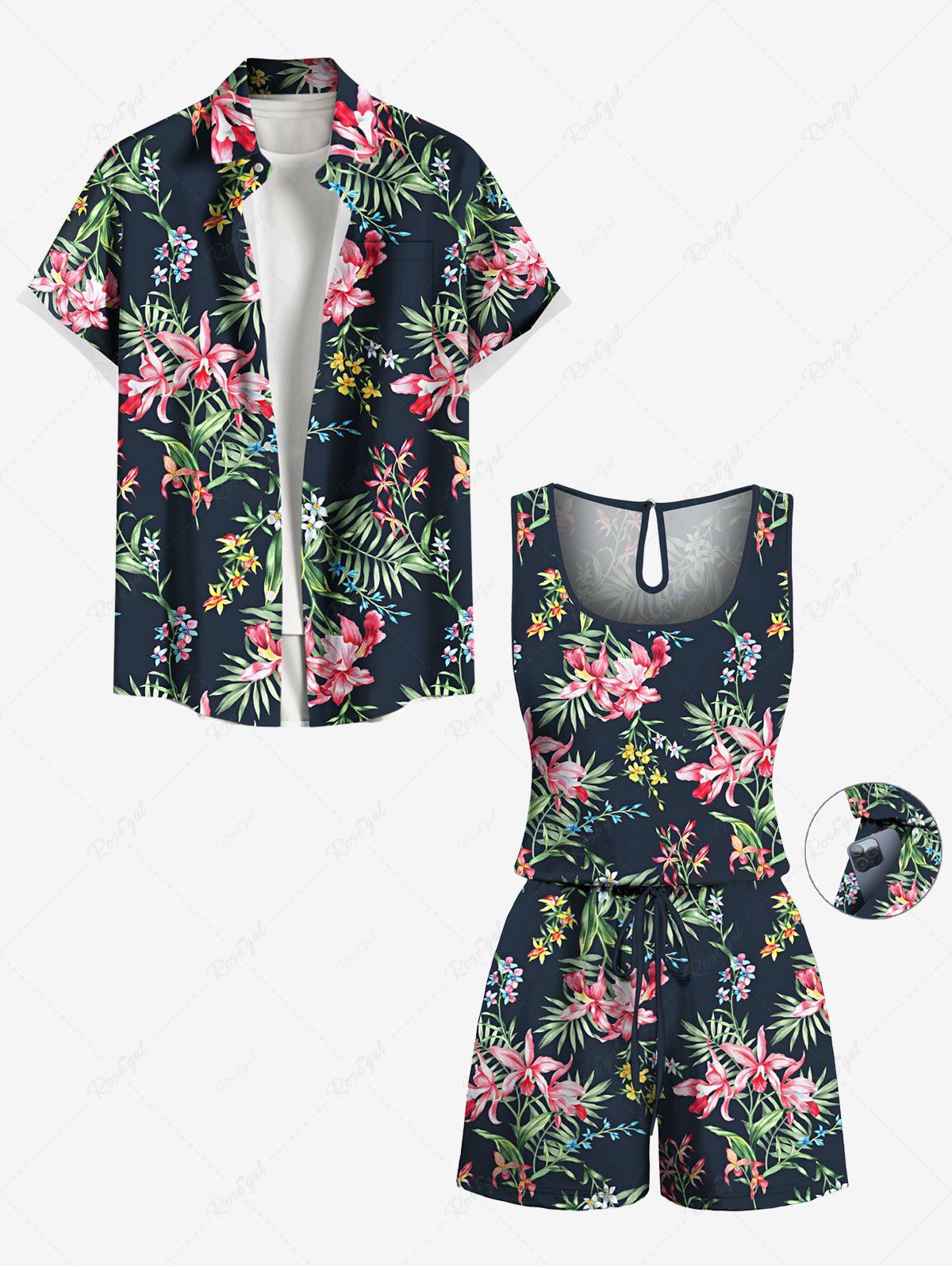 Chic Matching Hawaii Shirt and Romper Plus Size Beach Outfit Tropical Leaf Hibiscus Printed for Couples  