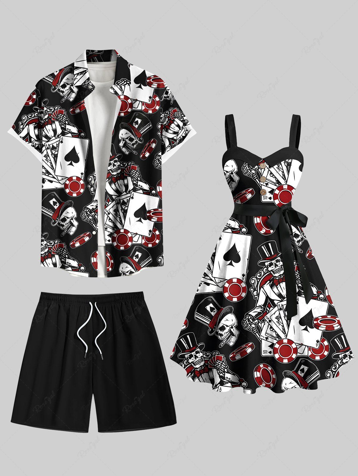 Tenue de plage hawaïenne assortie grande taille avec jetons de casino et imprimé tête de mort pour couples Noir 