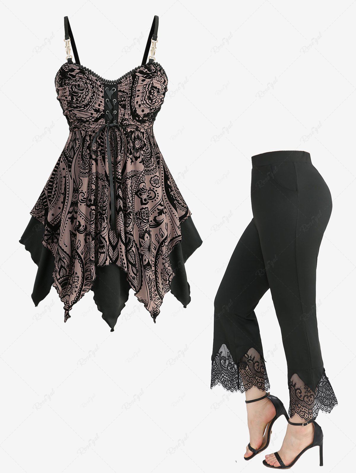 Shop Mesh Flocking Lace Up Layered Cami Top and Scalloped Tassel Pocket Flare Pants  