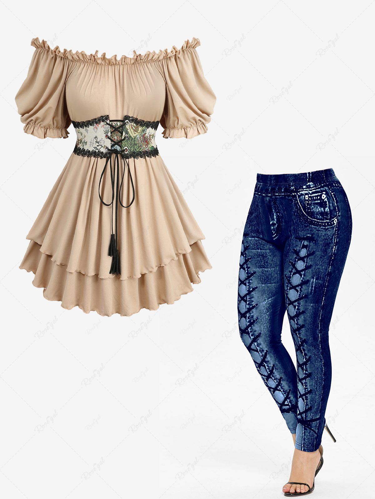 Store Layered Floral Printed Lace-up Ruched Lace Trim Off The Shoulder Top and Leggings Plus Size Outfit  