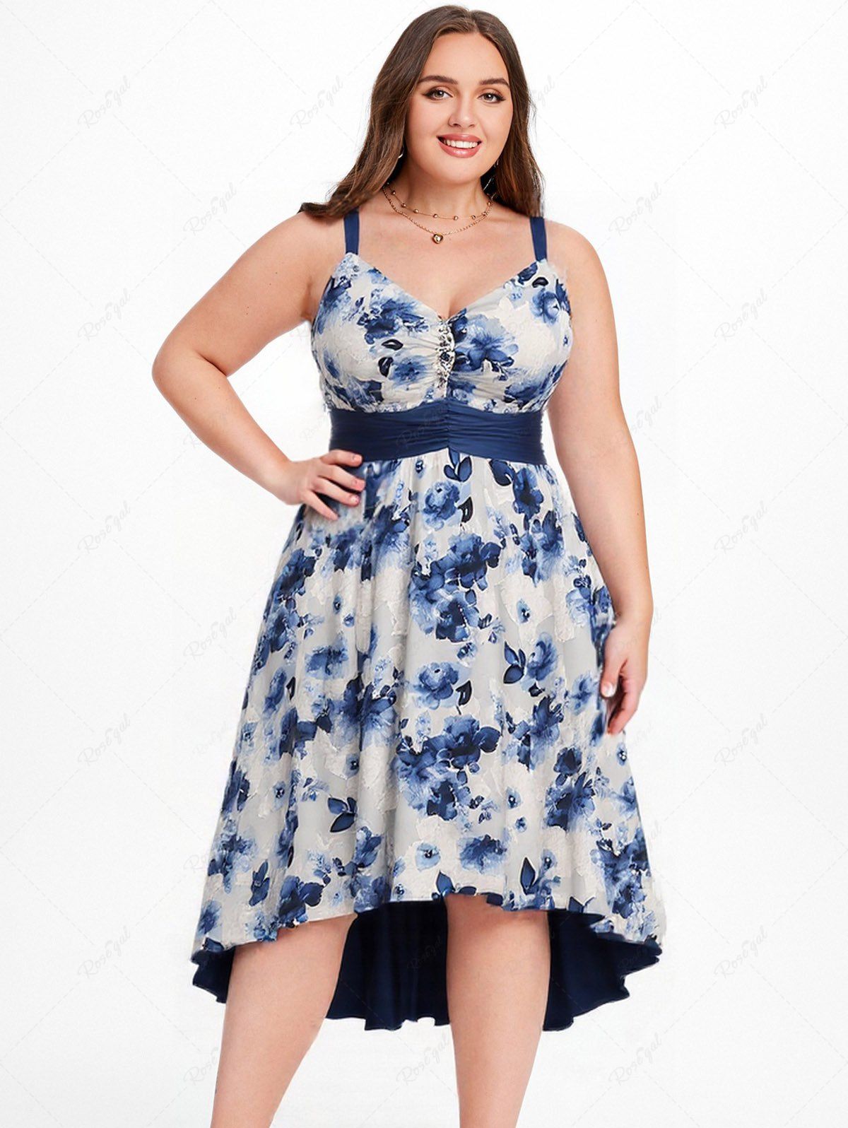 Best Plus Size Jacquard Cut Flower Chain Decor Ruched Asymmetric High Low Dress  