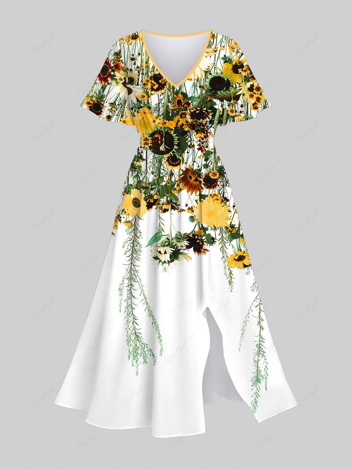 Chic Plus Size Sunflowers Wicker Print Split Hawaii Midi Dress  