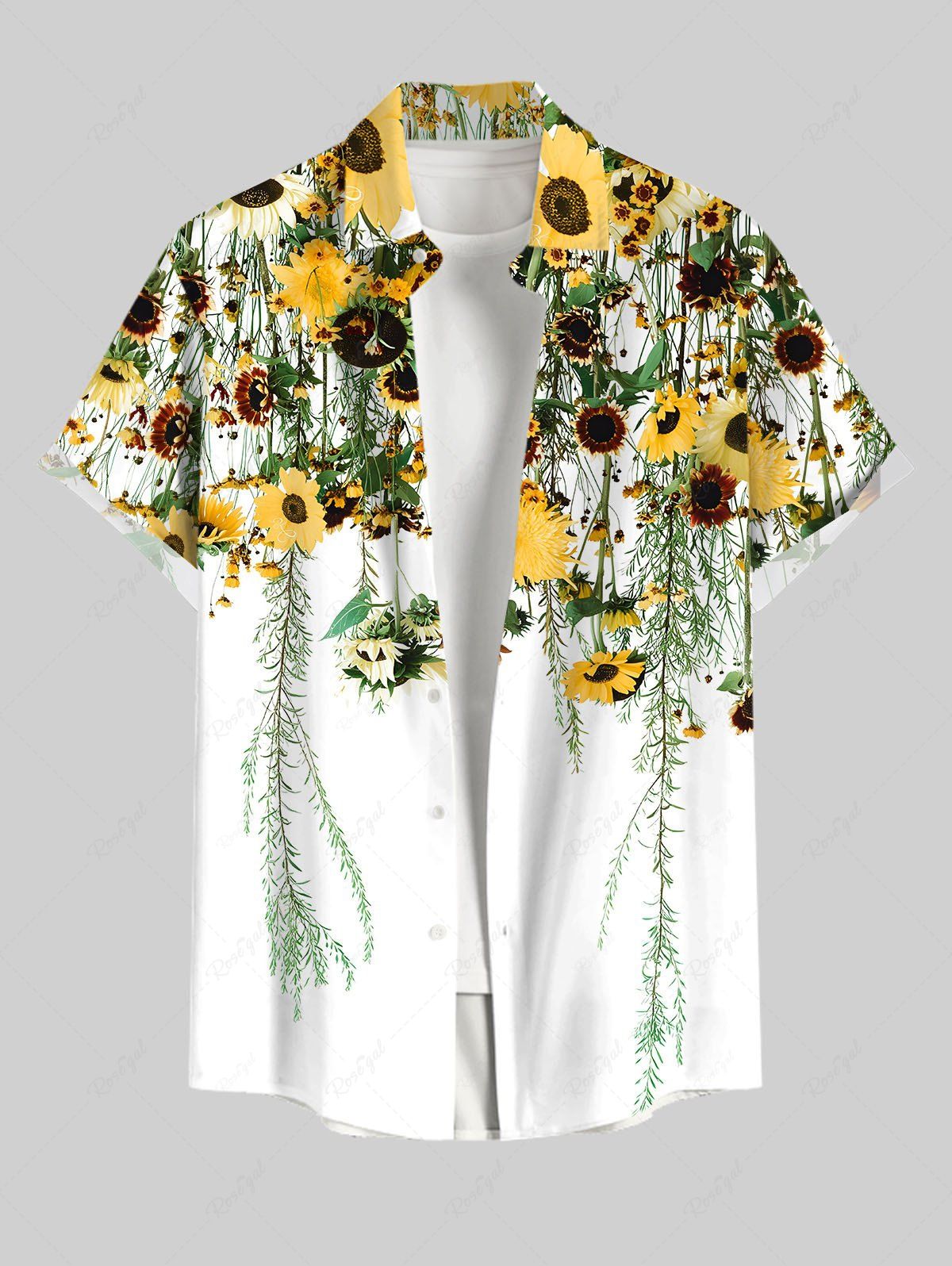 Fancy Plus Size Sunflowers Wicker Print Buttons Pocket Hawaii Shirt For Men  