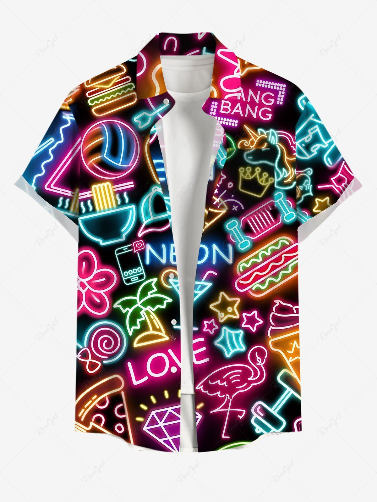 Unique Plus Size Coconut Tree Heart Flower Juice Neon Print Buttons Pocket Hawaii Shirt For Men  