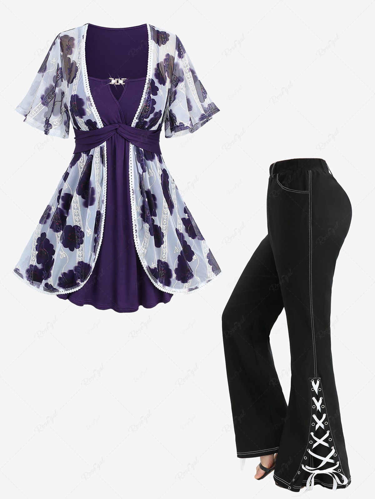 Shop Tie Dye Flower Print Mesh Jacquard Embroidered 2 in 1 Top and Split Lace Up Pocket Flare Pants Plus Size Outfit  