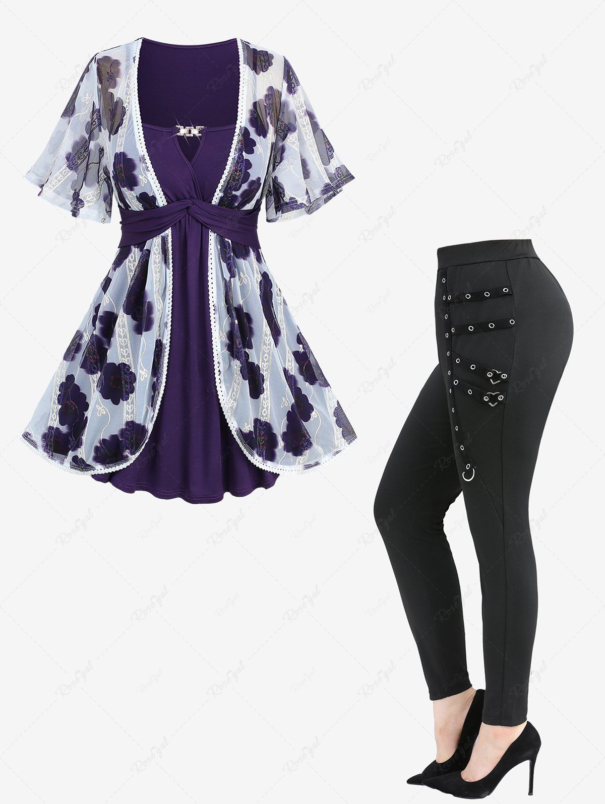 Unique Tie Dye Flower Print Mesh Jacquard Embroidered 2 in 1 Top and Straps Grommet Leggings Plus Size Outfit  