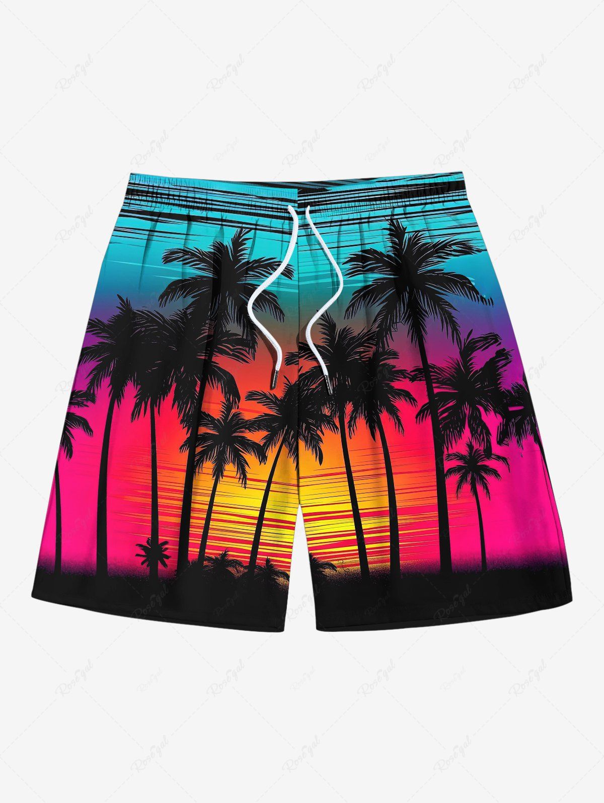 Trendy Plus Size Coconut Tree Ombre Sky Print Hawaii Beach Shorts For Men  