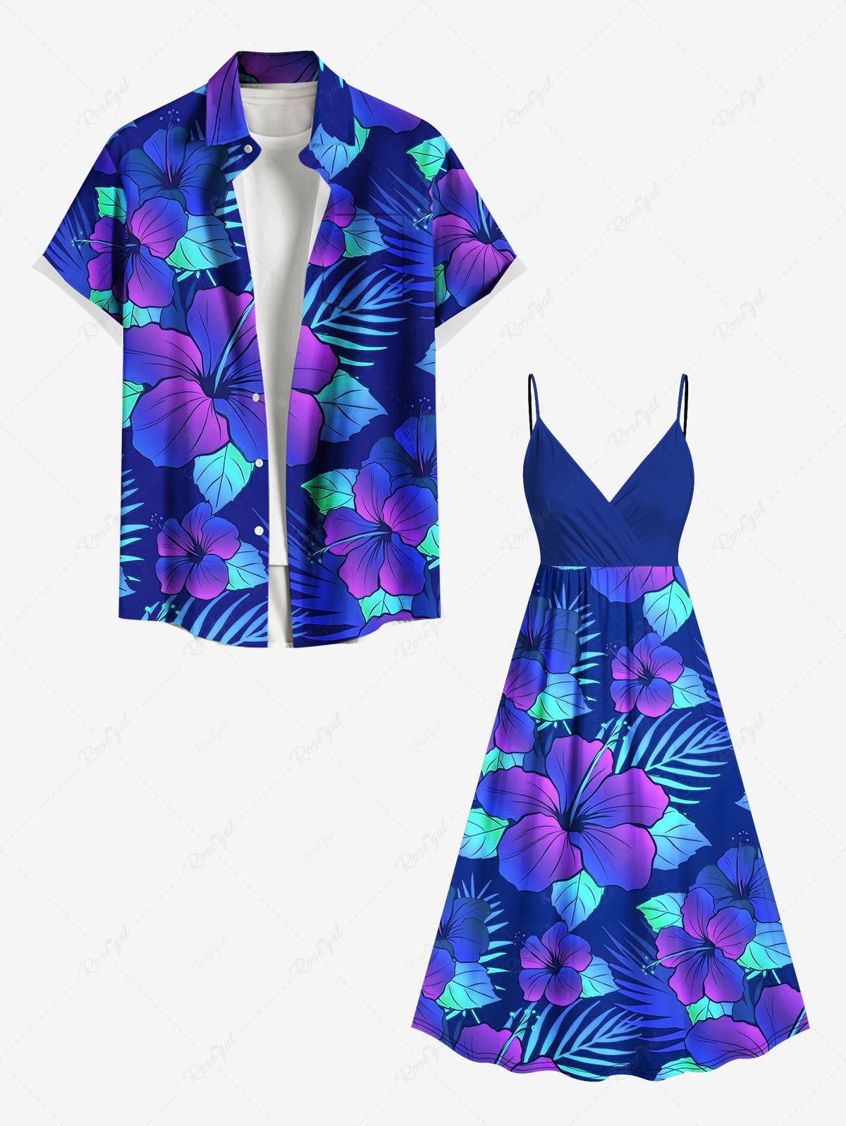 Tenue de plage hawaïenne assortie grande taille à imprimé feuilles tropicales et fleurs d'hibiscus pour couples Bleu 