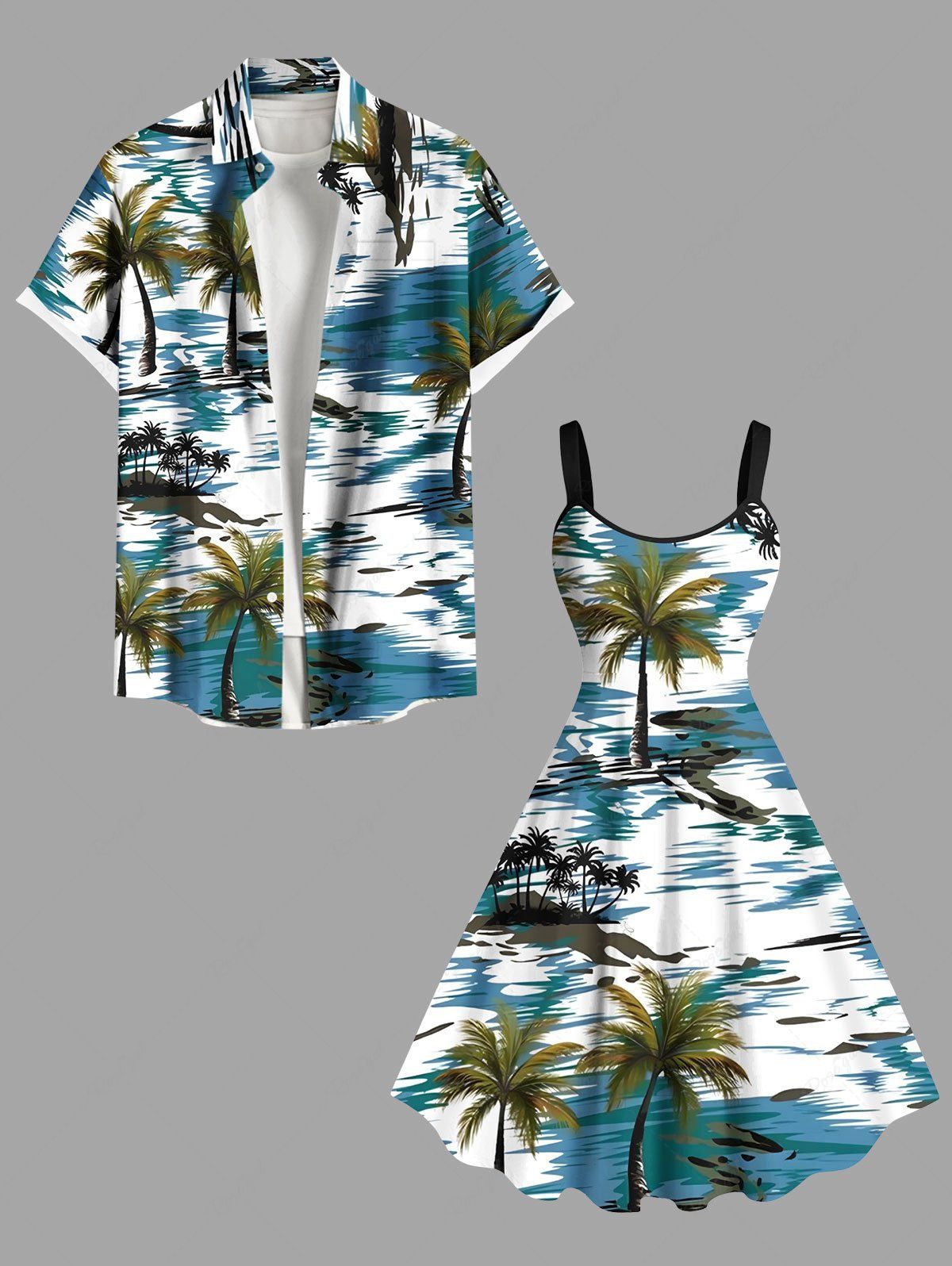 Tenue de plage hawaïenne assortie grande taille à imprimé cocotier et voilier pour couples Vert 