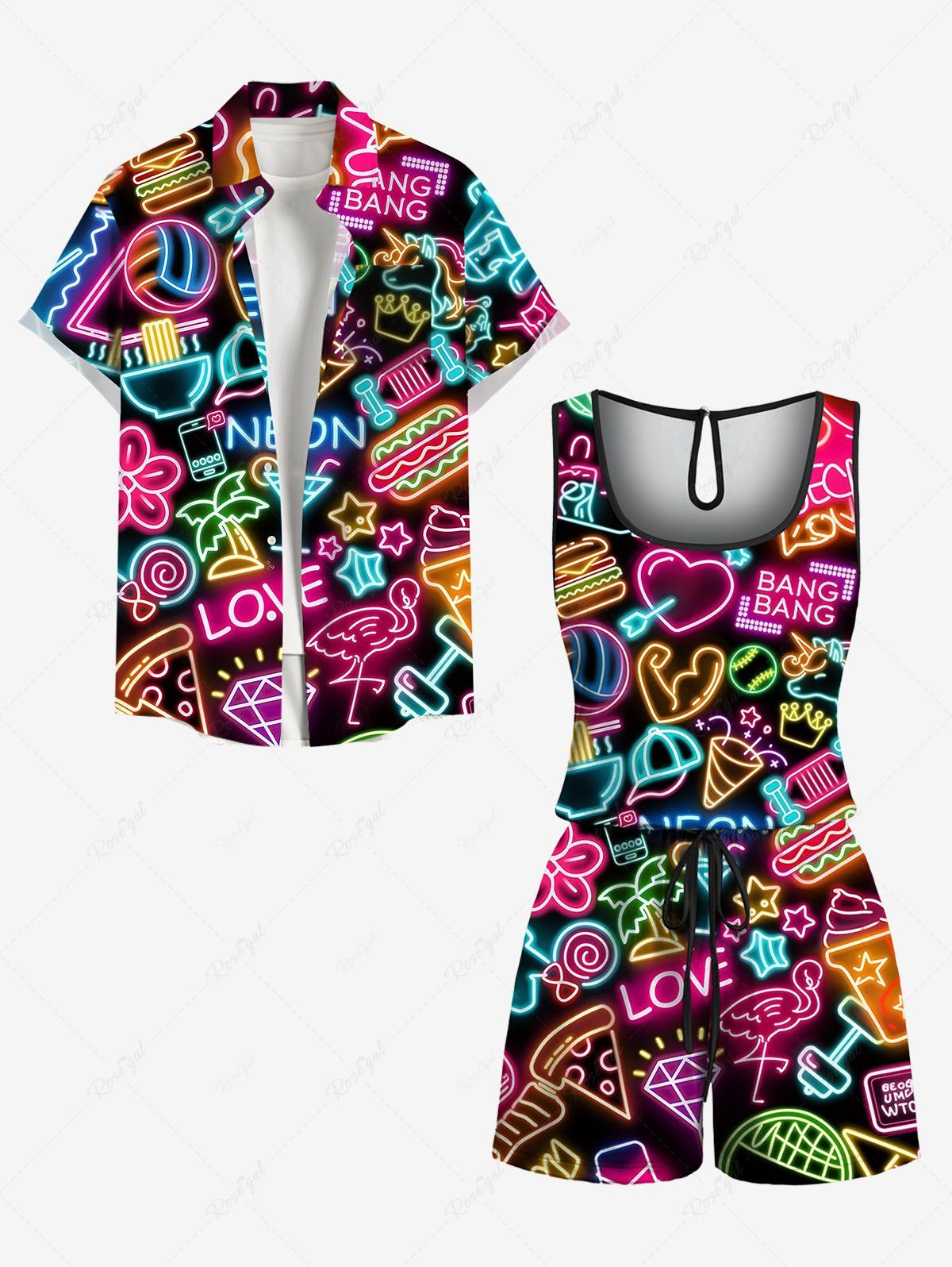 Ensemble chemise et barboteuse hawaïennes assorties, grande taille, tenue de plage, cocotier, cœur, fleur, jus, imprimé fluo, pour couples Noir 