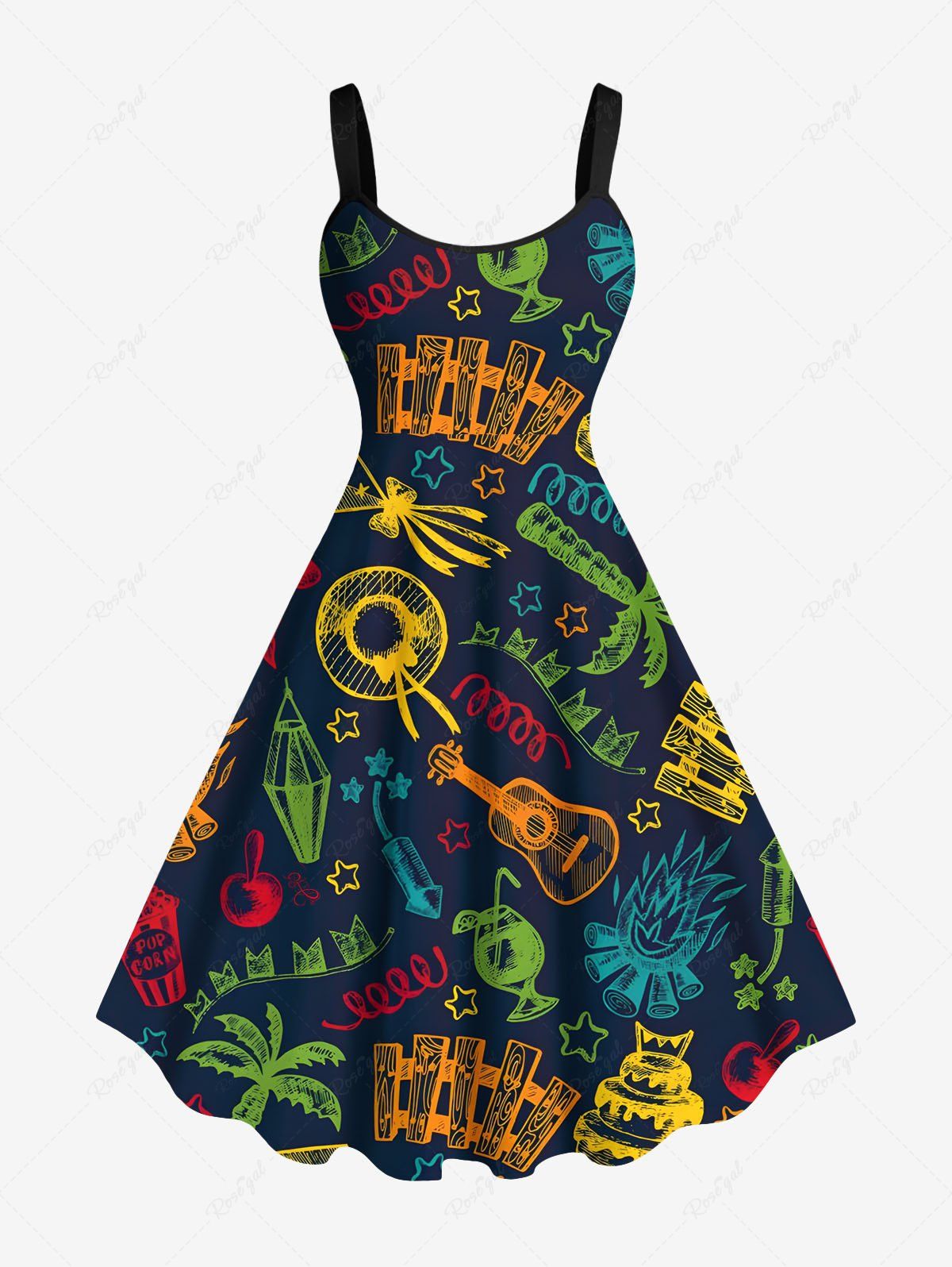 Fashion Plus Size Coconut Tree Fire Flame Cake Guitar Print Hawaii Tank Dress  