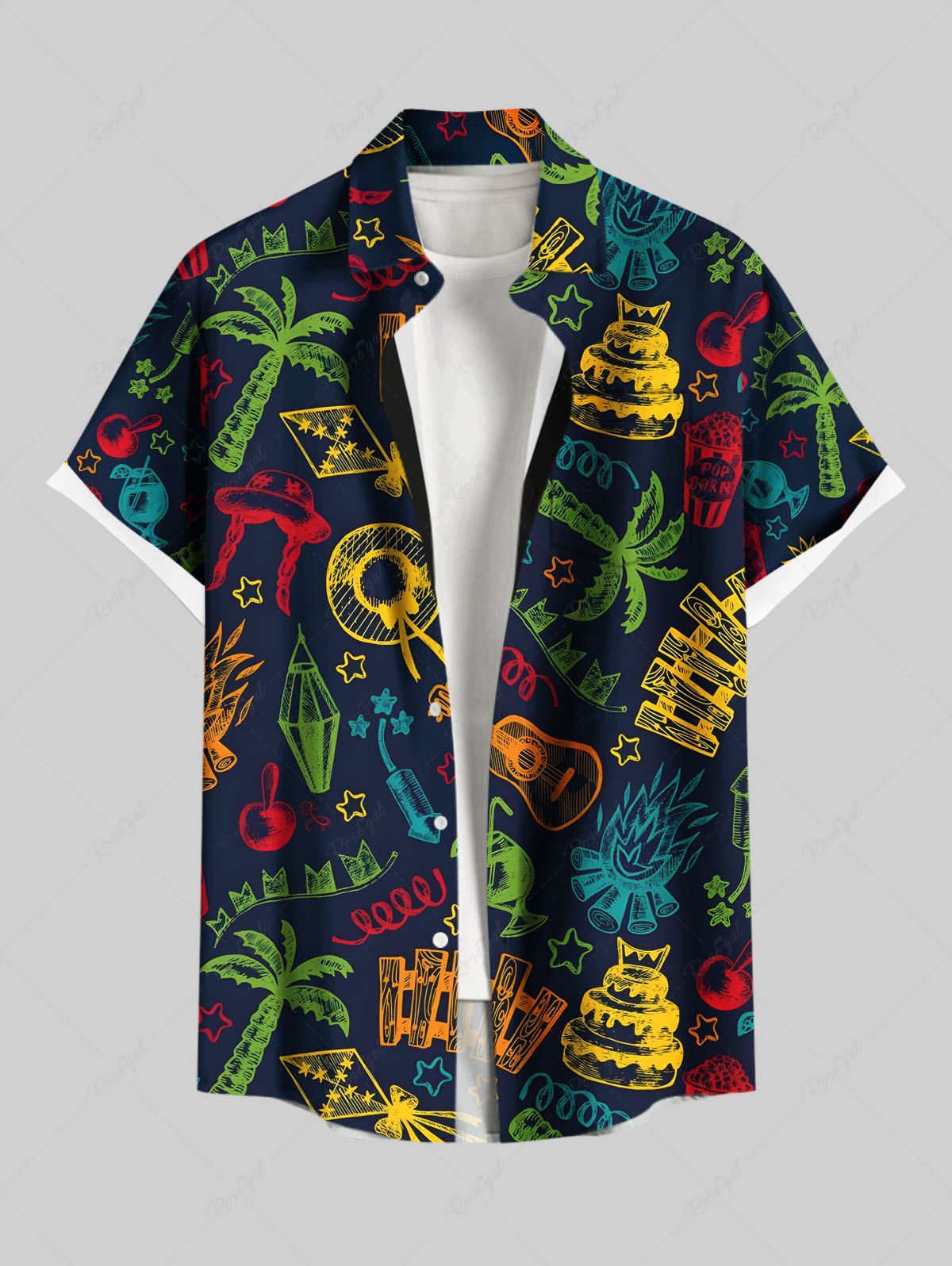 Chemise hawaïenne grande taille à imprimé cocotier, feu, flamme, gâteau, guitare, boutons, poche, pour homme Noir 4XL