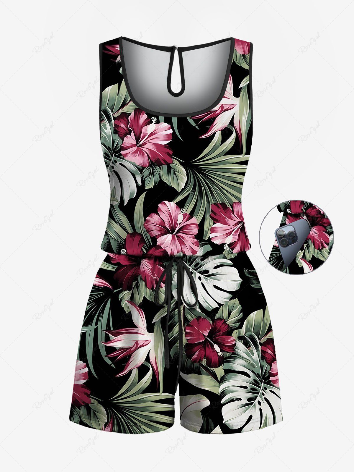 Shop Plus Size Tropical Leaves Hibiscus Floral Print Hawaii Drawstring Pocket Romper  