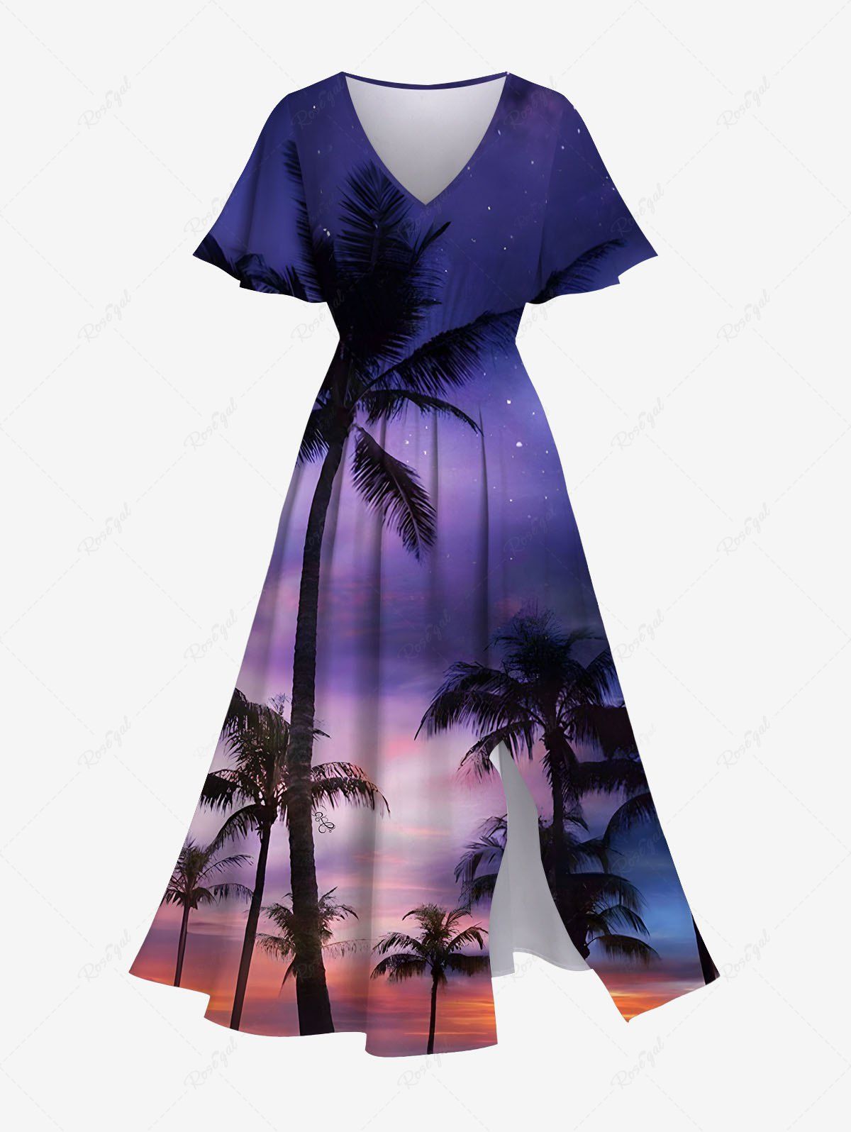 Robe mi-longue hawaïenne grande taille à imprimé cocotiers, galaxie et crépuscule, poches fendues Pourpre  XXS