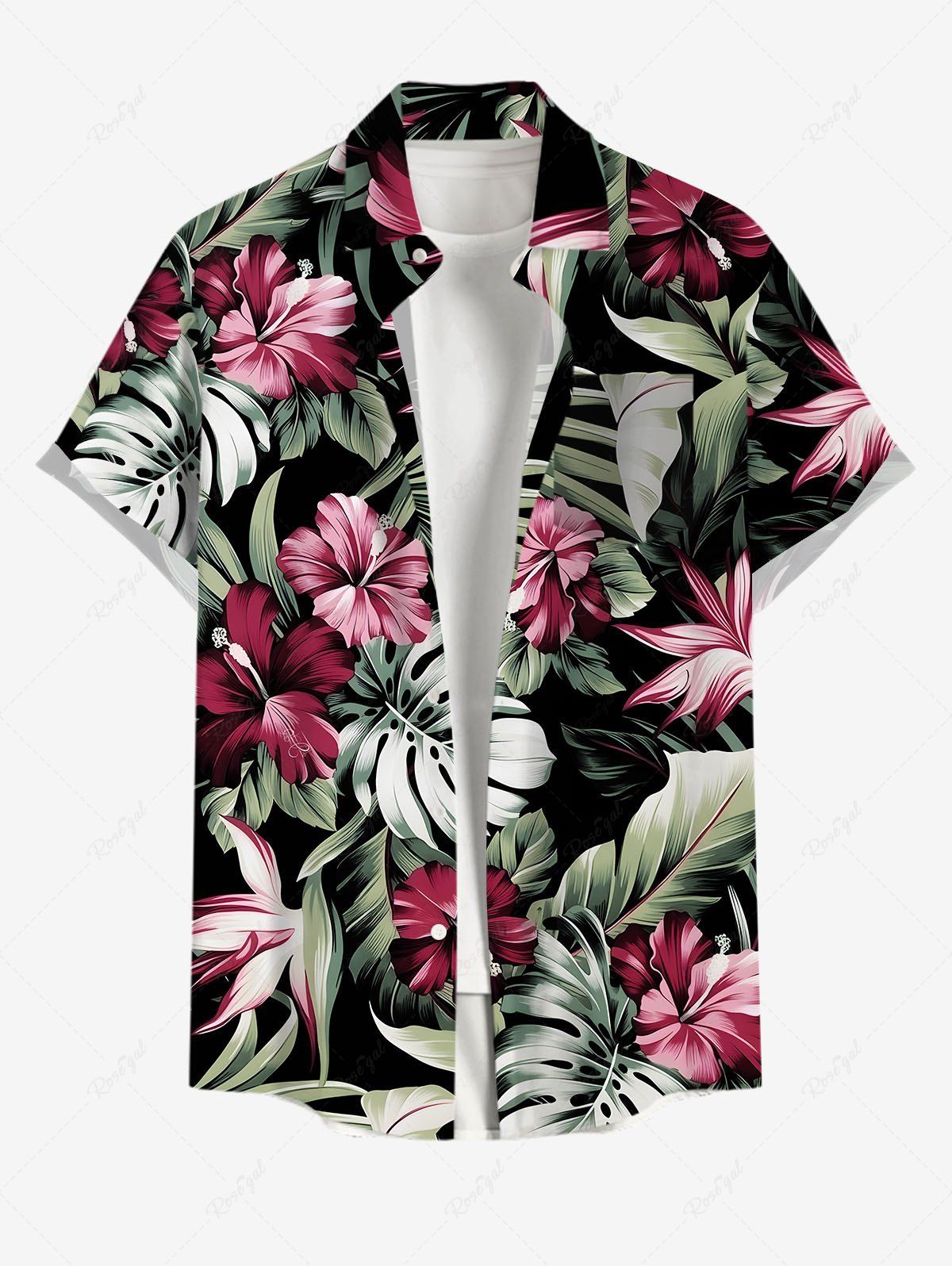 Sale Plus Size Tropical Leaves Hibiscus Floral Print Hawaii Button Pocket Shirt For Men  