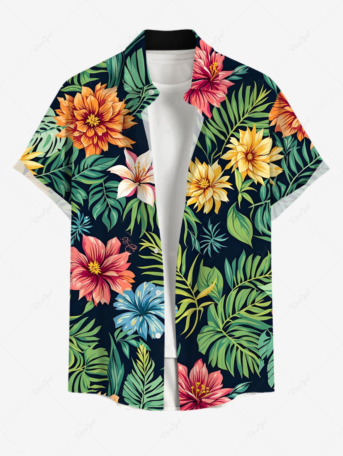 Fancy Plus Size Tropical Leaves Floral Print Hawaii Button Pocket Shirt For Men  