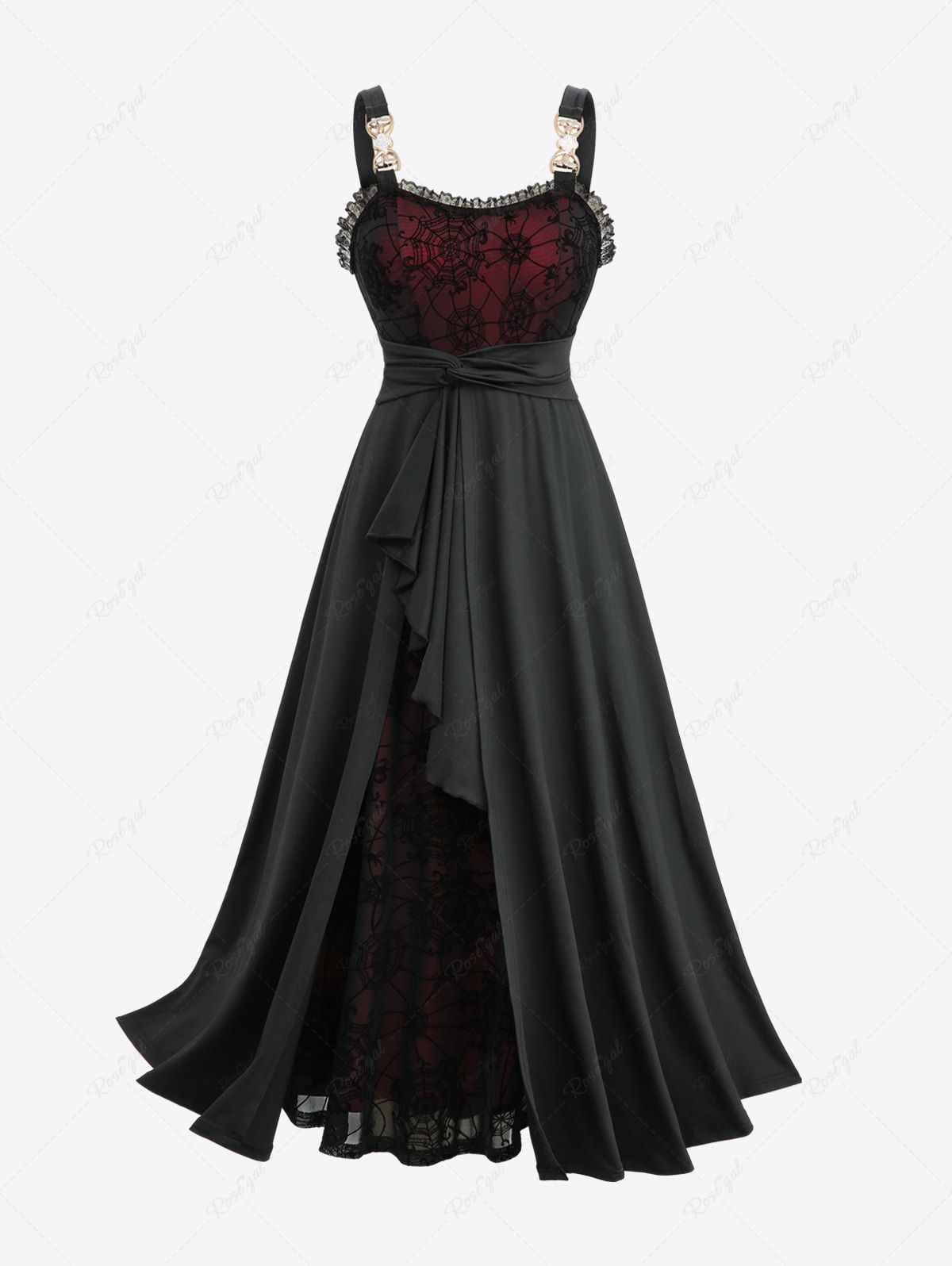 Store Plus Size Spider Web Flocking Mesh Lace Trim Asymmetrical Ruffles Hem Tank Dress  