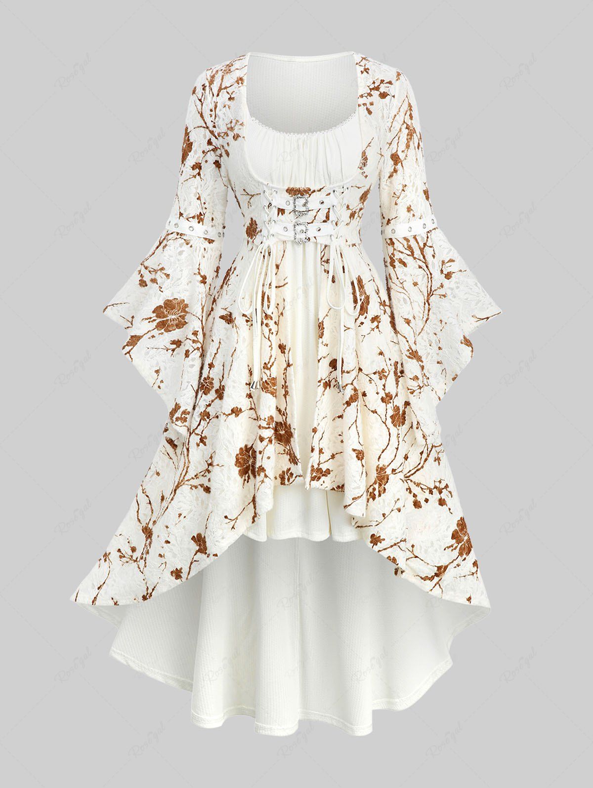 Plus Size Flowers Print Lace Ruched Buckle Lace-up Flare Sleeves High Low Dress Blanc 5x | US 30-32