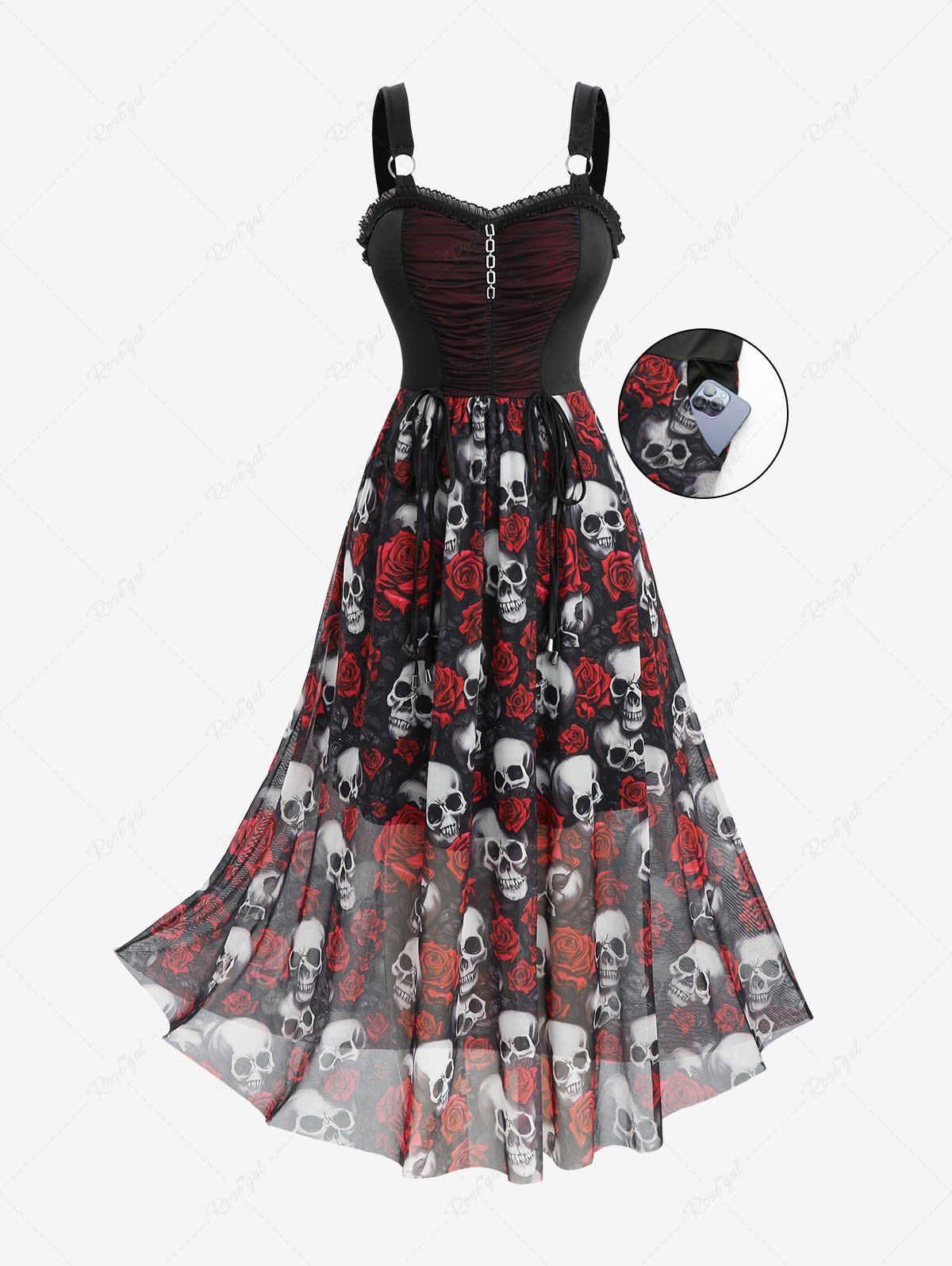 New Plus Size Gothic Rose Flower Skulls Print Ruched Ruffles Chain Panel Lace Trim Tank Dress  