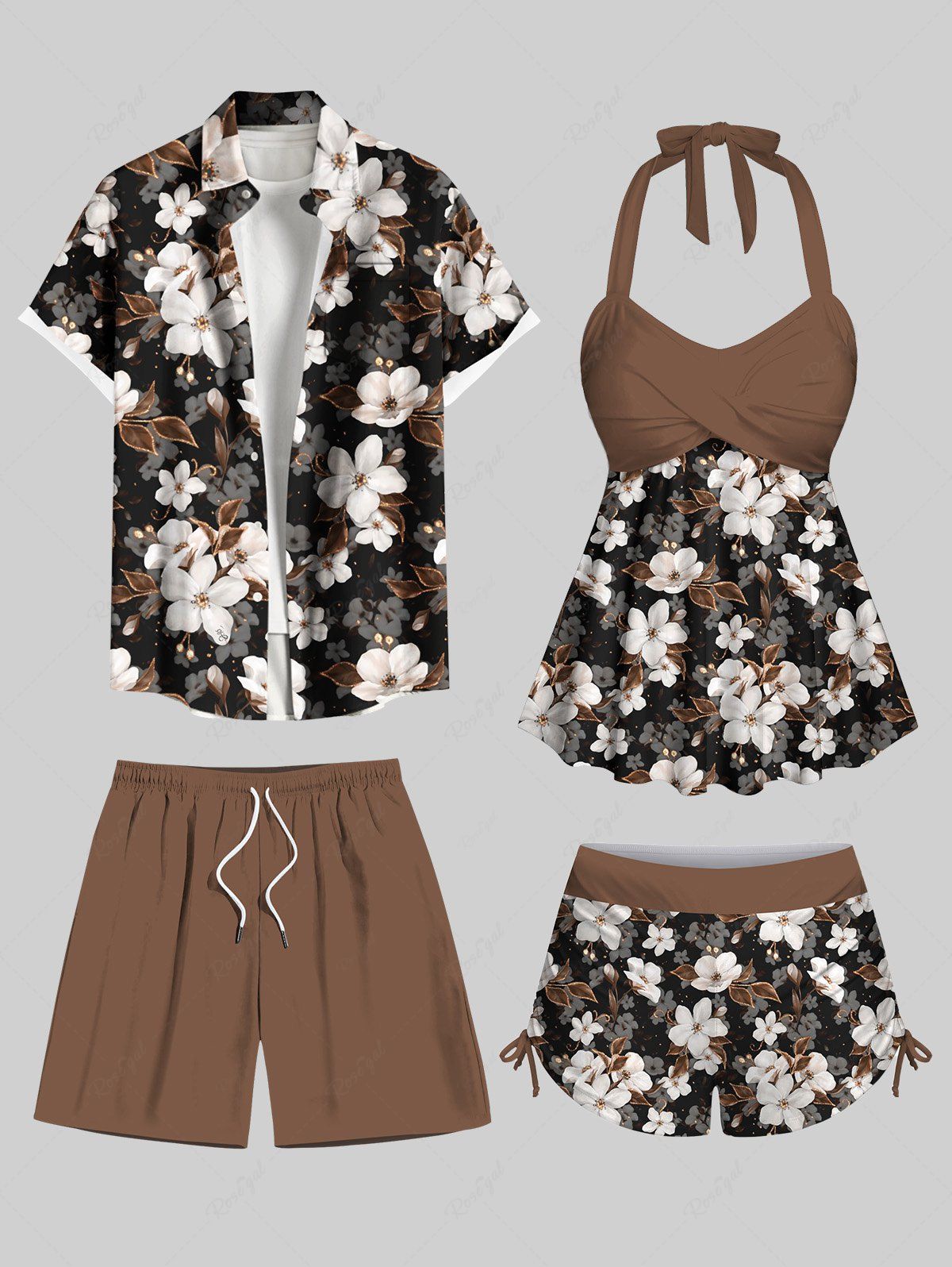 Maillot de bain court imprimé feuilles et fleurs ombré, grande taille, tenue de plage hawaïenne assortie pour couples Café profond 