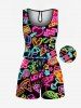 Ensemble chemise et barboteuse hawaïennes assorties, grande taille, tenue de plage, cocotier, cœur, fleur, jus, imprimé fluo, pour couples - Noir 
