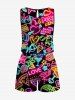 Ensemble chemise et barboteuse hawaïennes assorties, grande taille, tenue de plage, cocotier, cœur, fleur, jus, imprimé fluo, pour couples - Noir 
