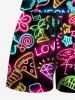Ensemble chemise et barboteuse hawaïennes assorties, grande taille, tenue de plage, cocotier, cœur, fleur, jus, imprimé fluo, pour couples - Noir 