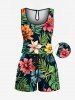 Ensemble chemise et barboteuse hawaïennes assorties, grande taille, tenue de plage à imprimé feuilles tropicales et fleurs pour couples - Noir 