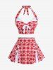 Maillot de bain tankini grande taille à carreaux, imprimé cœur, dos nu, nœud papillon et jupe lacée. - Rouge 3X | US 22-24