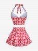 Maillot de bain tankini grande taille à carreaux, imprimé cœur, dos nu, nœud papillon et jupe lacée. - Rouge 3X | US 22-24