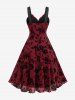 Robe de soirée trapèze à lacets et à volants, motif floral et feuilles pailletées, grande taille - Rouge foncé L | US 12