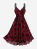 Robe de soirée trapèze à lacets et à volants, motif floral et feuilles pailletées, grande taille - Rouge foncé L | US 12