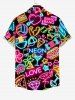 Plus Size Coconut Tree Heart Flower Juice Neon Print Buttons Pocket Hawaii Shirt For Men -  