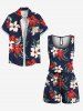Plus Size Tropical Leaf Hibiscus Flower Print Buttons Pocket Hawaii Shirt For Men -  