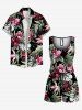 Plus Size Tropical Leaves Hibiscus Floral Print Hawaii Button Pocket Shirt For Men -  