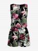 Combinaison grande taille à imprimé floral hawaïen, feuilles tropicales, hibiscus, cordon de serrage et poches - Noir 3X