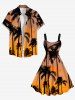 Plus Size Coconut Tree Ombre Dusk Print Hawaii Button Pocket Shirt For Men -  
