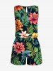 Plus Size Tropical Leaves Floral Print Hawaii Drawstring Pocket Romper -  