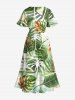 Robe mi-longue trapèze grande taille à imprimé feuilles tropicales et cocotiers, style hawaïen, avec poches fendues - Vert 1X